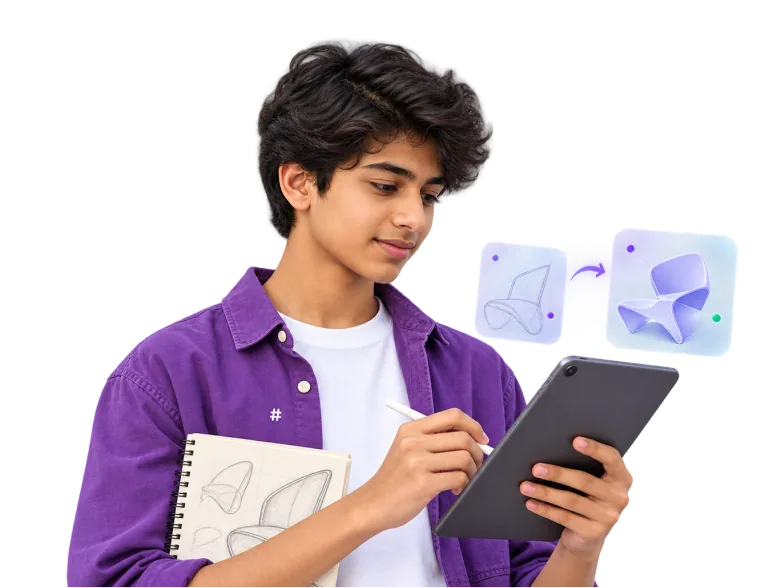 Teen in a purple HashHackCode shirt sketching a design on a tablet