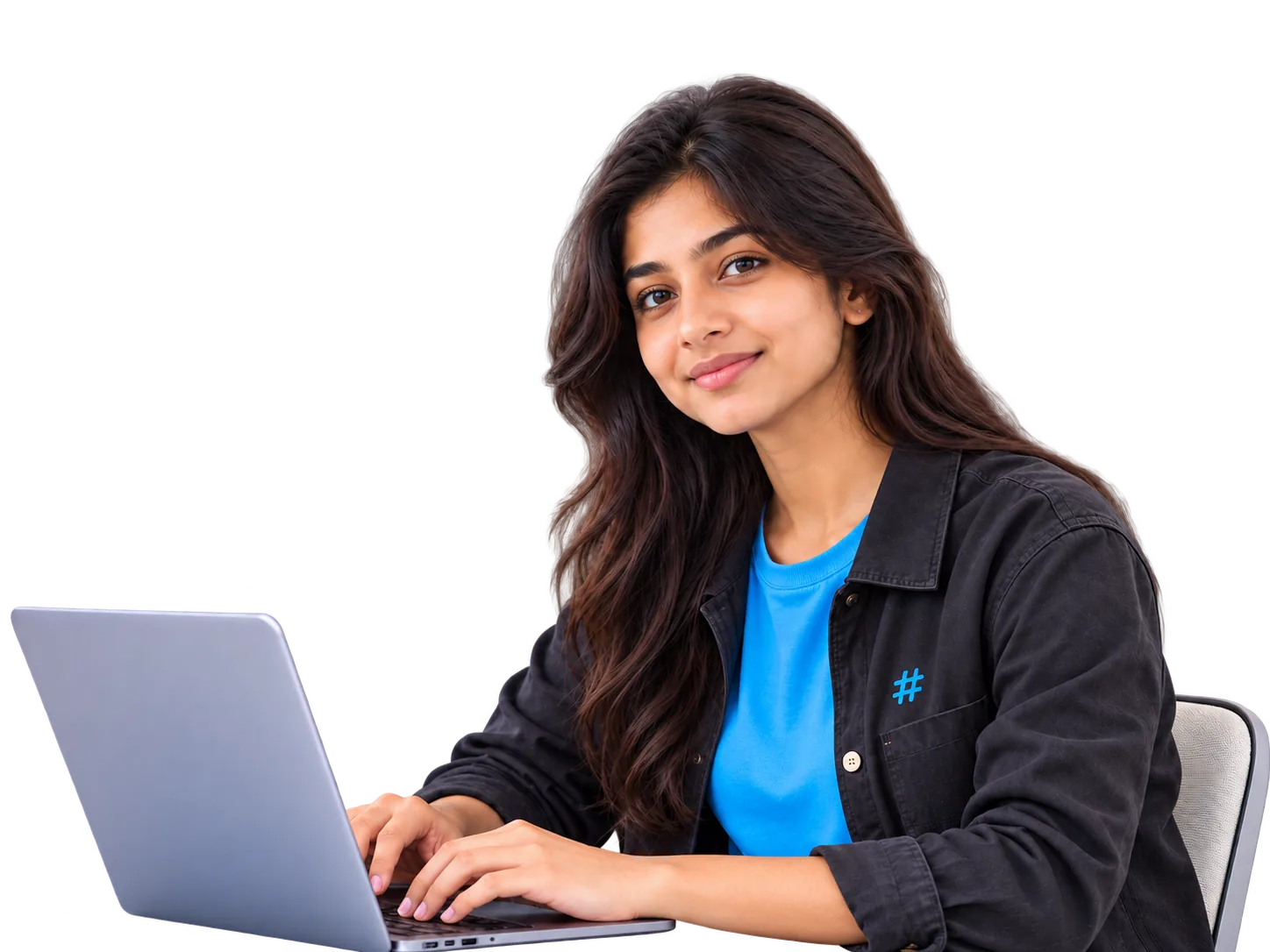Young adult learner in a HashHackCode top working at a laptop