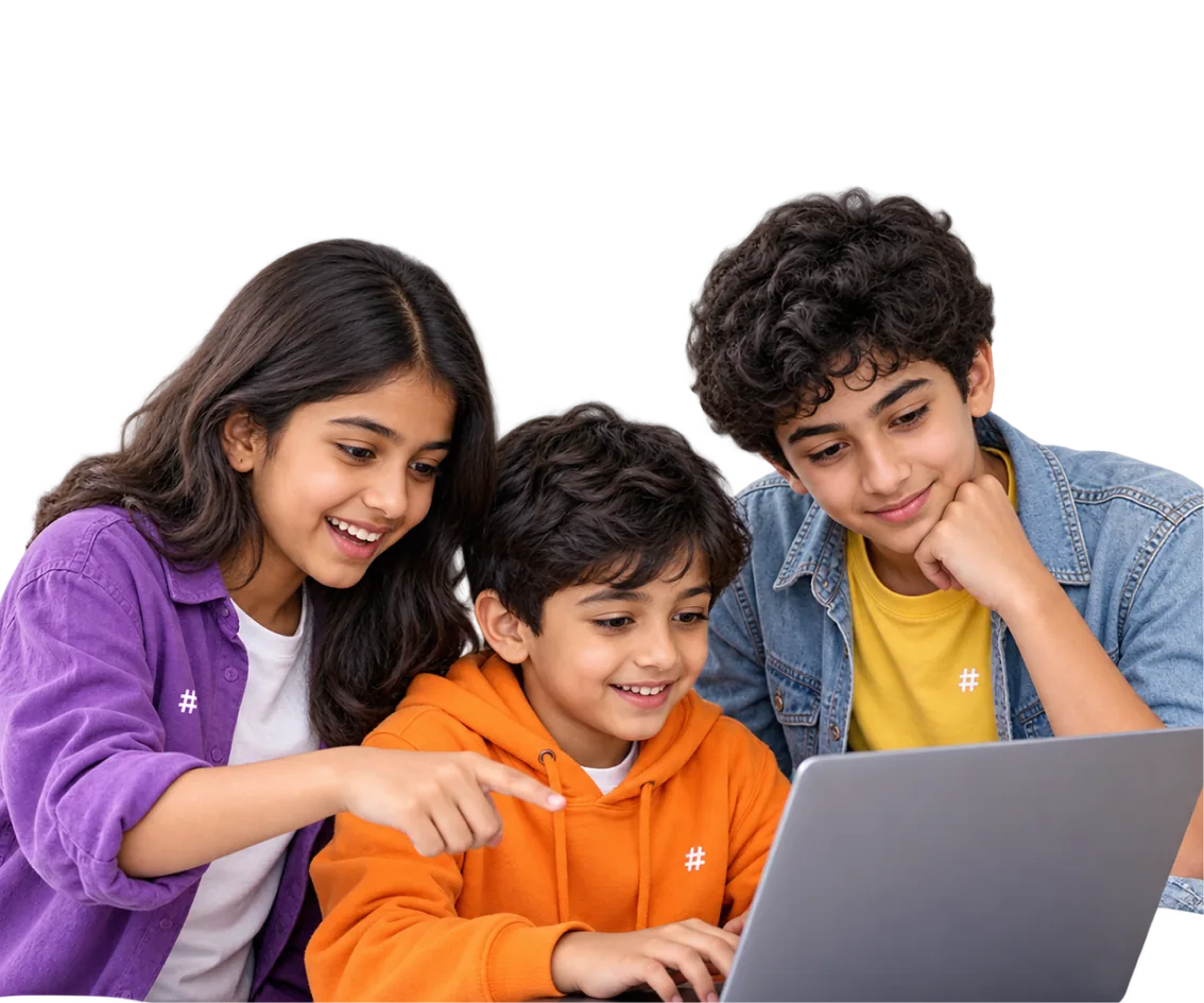 Three learners gathered around one laptop