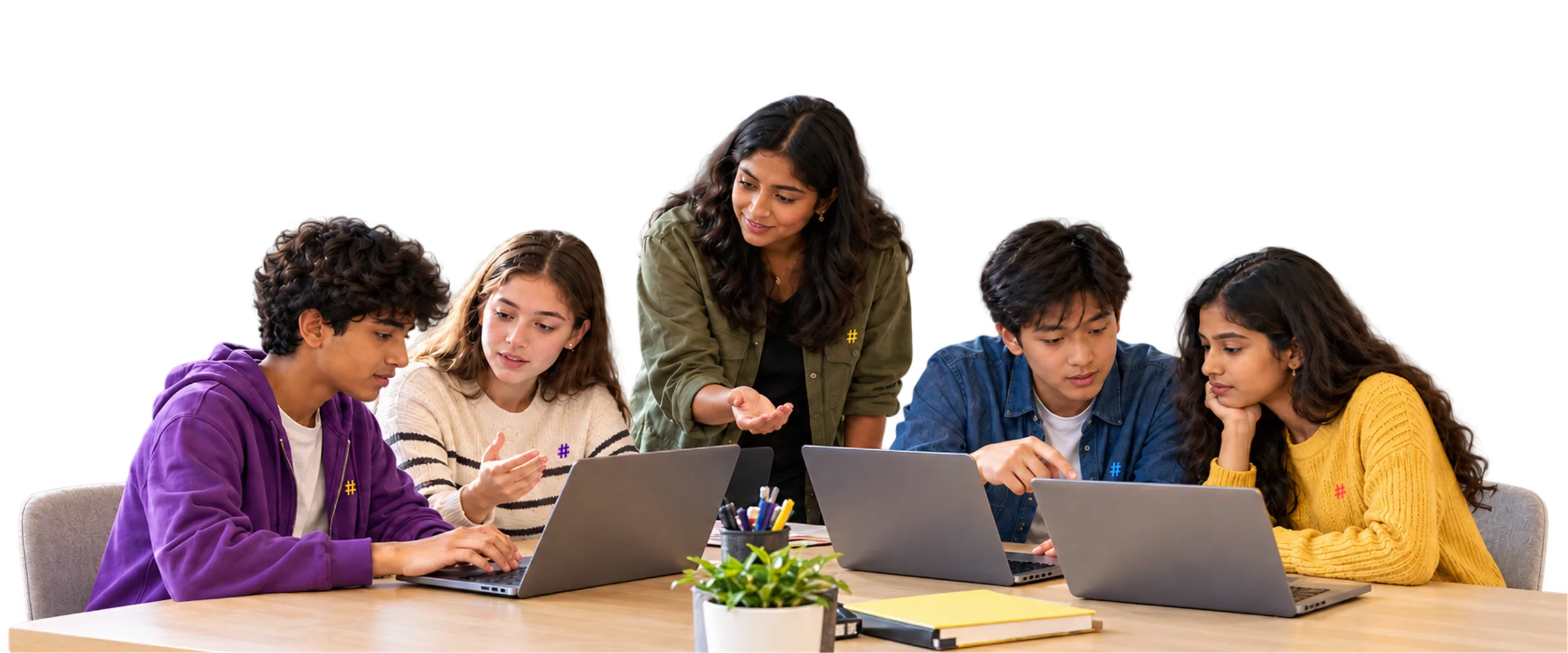 Mentor with a small Bootcamp group at laptops