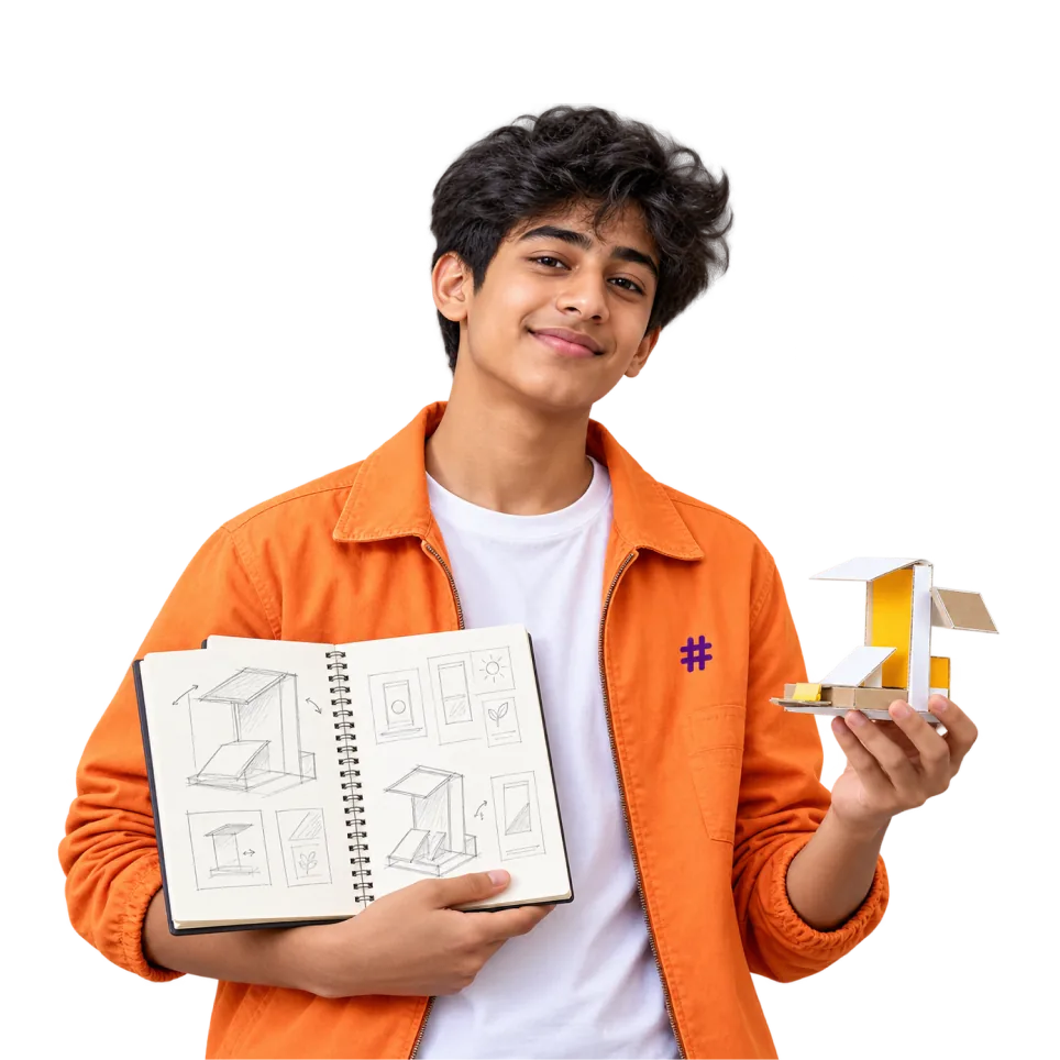 Teen holding a sketchbook and a paper model