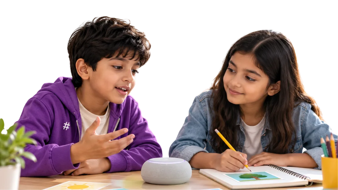 Two learners reviewing their work together at a table