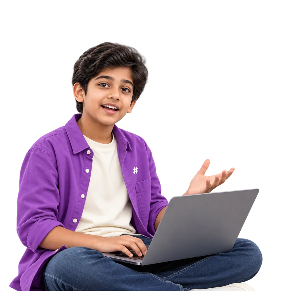 Learner sitting with a laptop, explaining an idea