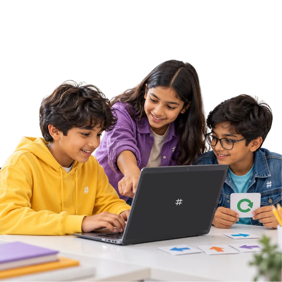 Three learners working together at a laptop with cards