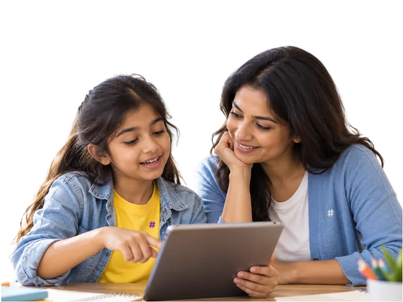 Parent and child looking at a tablet together