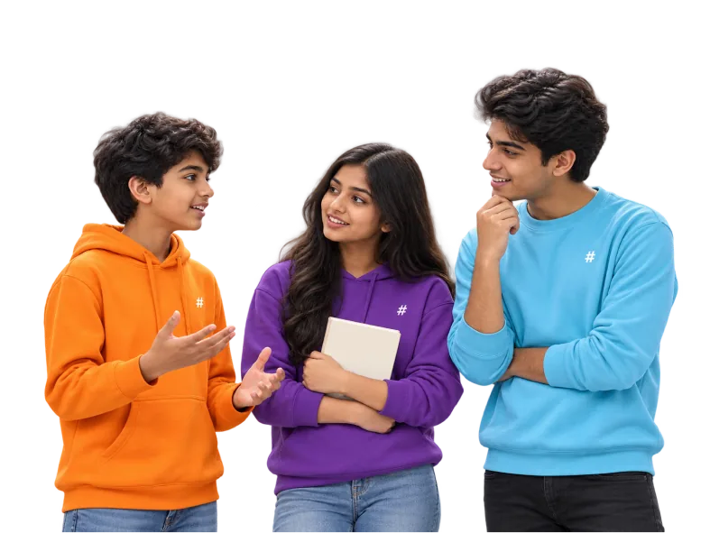 Three teenagers in HashHackCode tops talking together