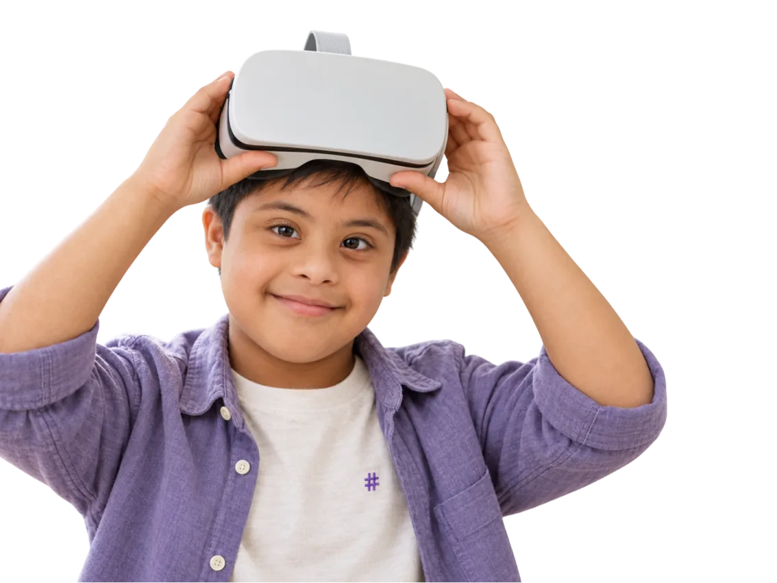 Learner lifting a VR headset and smiling